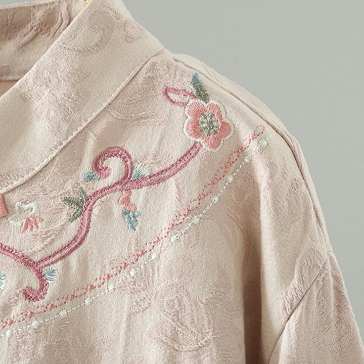 Buddha Stones Stand Collar Frog-Button Flower Pattern Embroidery Design Long Sleeve Midi Dress - image 3