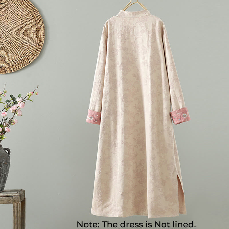 Buddha Stones Stand Collar Frog-Button Flower Pattern Embroidery Design Long Sleeve Midi Dress - image 1