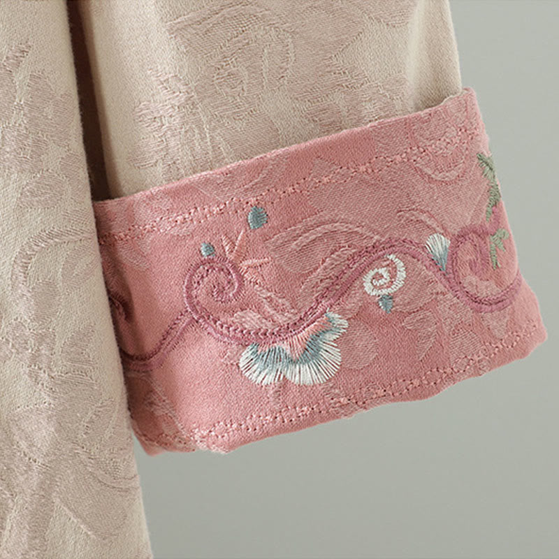 Buddha Stones Stand Collar Frog-Button Flower Pattern Embroidery Design Long Sleeve Midi Dress - image 5