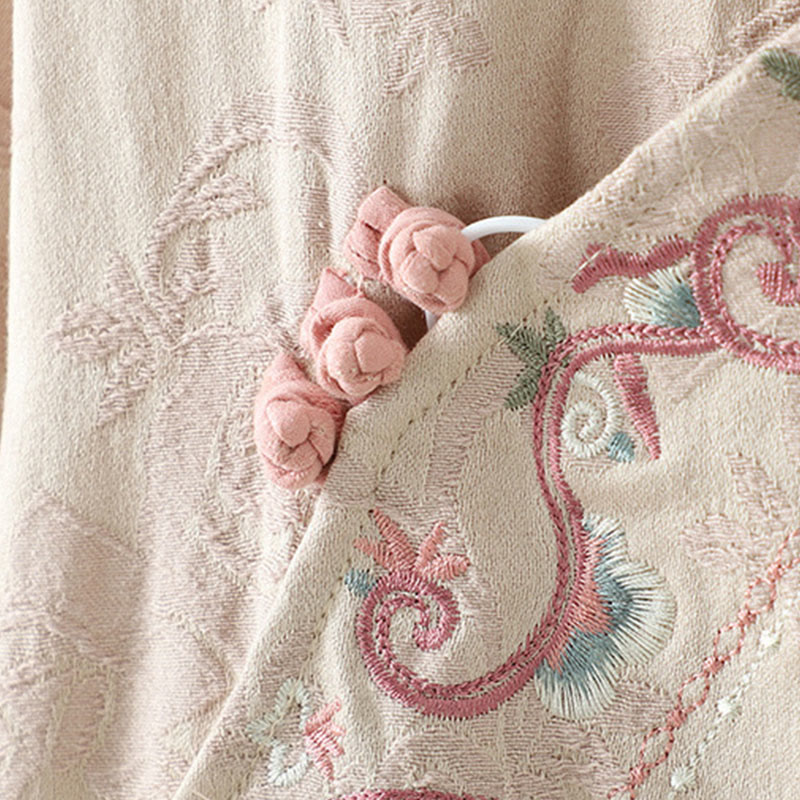 Buddha Stones Stand Collar Frog-Button Flower Pattern Embroidery Design Long Sleeve Midi Dress - image 4