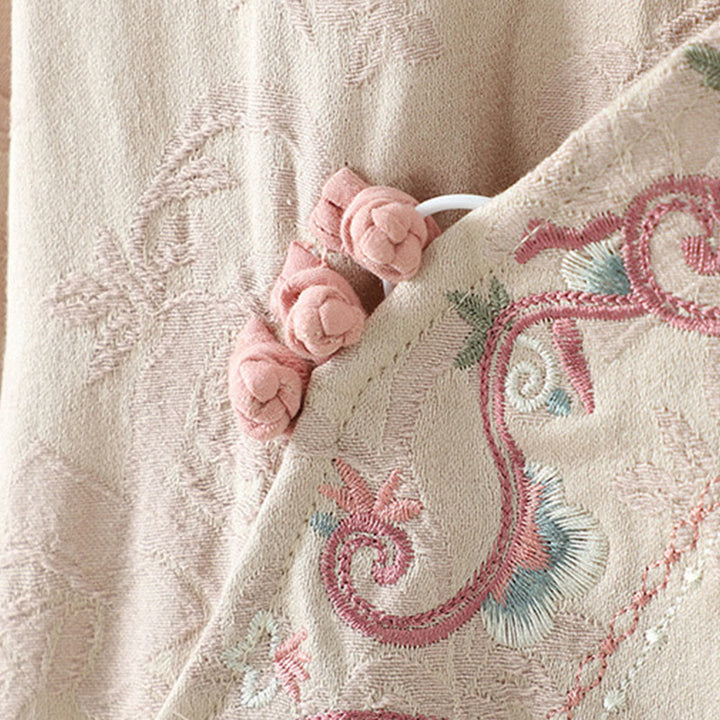 Buddha Stones Stand Collar Frog-Button Flower Pattern Embroidery Design Long Sleeve Midi Dress - image 4