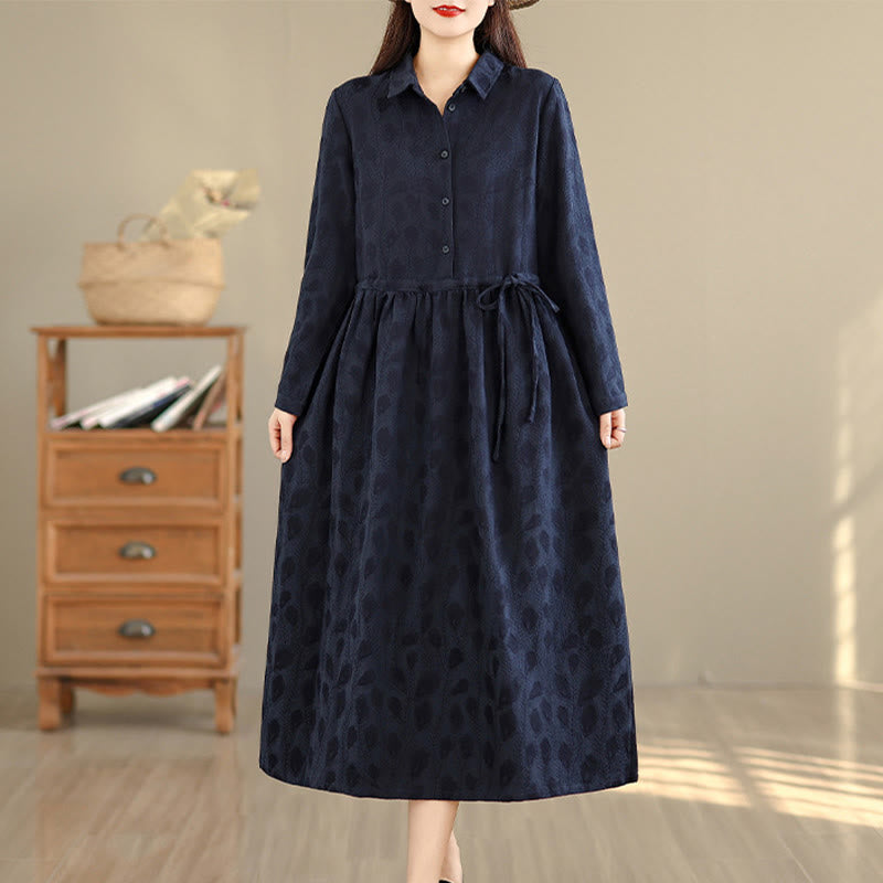 Buddha Stones Leaf Pattern Lapel Long Sleeve Cotton Midi Dress With Pockets - image 10