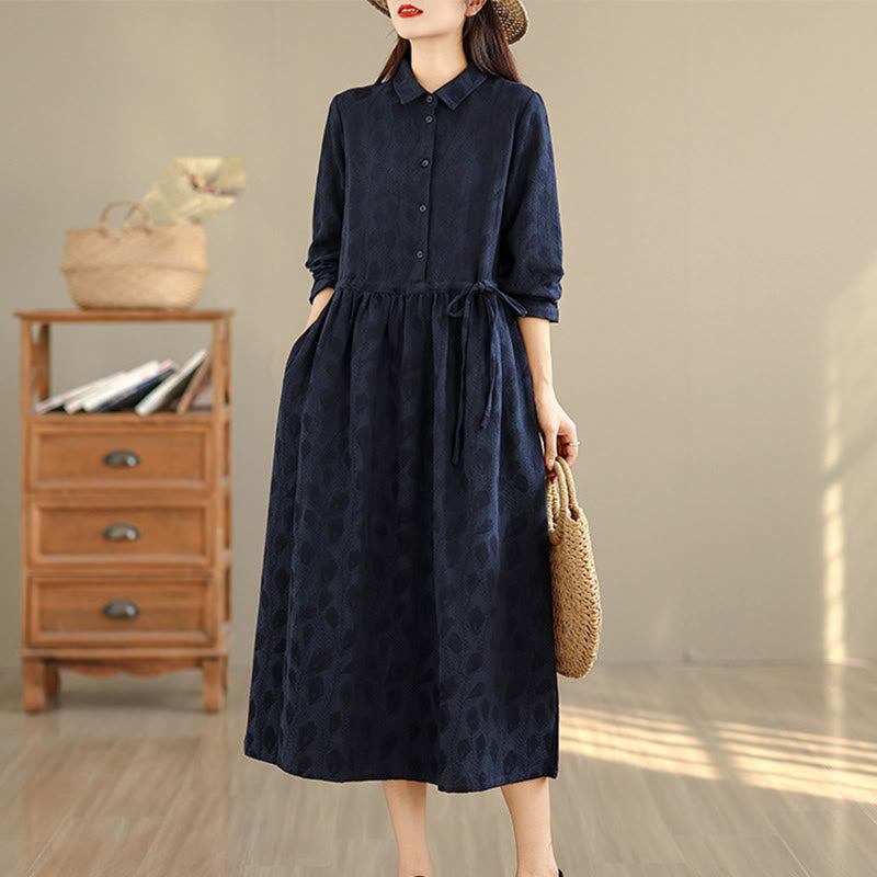 Buddha Stones Leaf Pattern Lapel Long Sleeve Cotton Midi Dress With Pockets - MidnightBlue - US8-10，UK/AU12-14，EU40-42 (2XL) - image 9