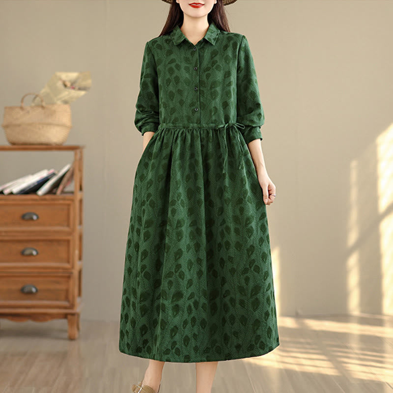 Buddha Stones Leaf Pattern Lapel Long Sleeve Cotton Midi Dress With Pockets - image 2