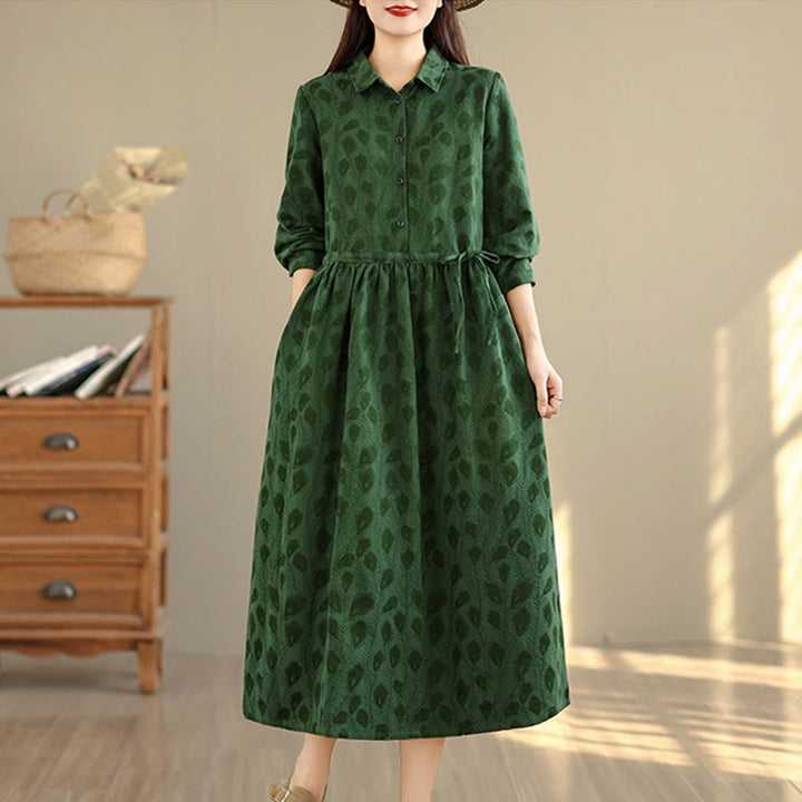 Buddha Stones Leaf Pattern Lapel Long Sleeve Cotton Midi Dress With Pockets - image 2