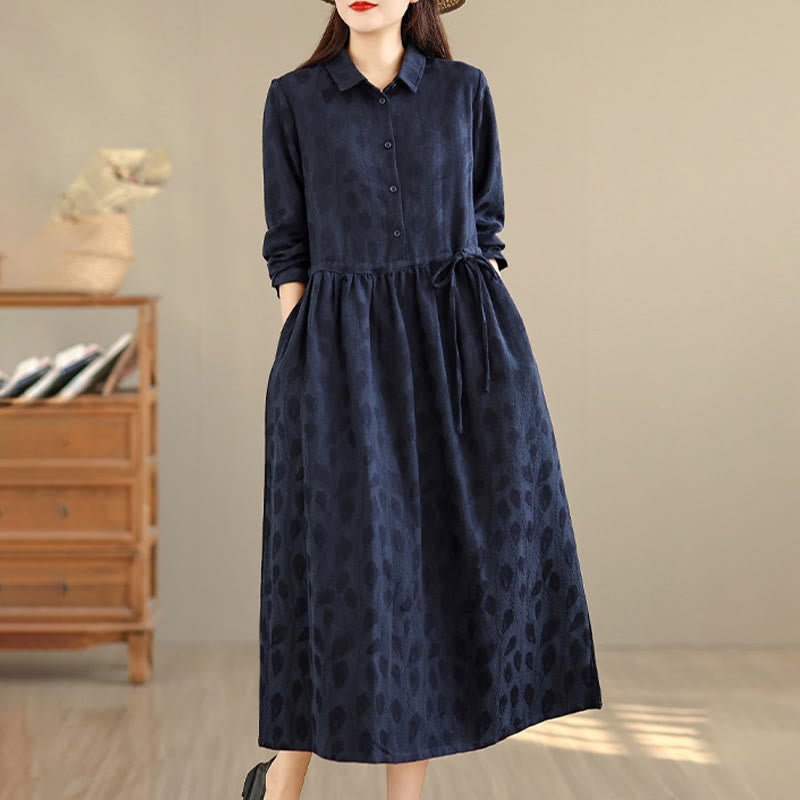 Buddha Stones Leaf Pattern Lapel Long Sleeve Cotton Midi Dress With Pockets - image 11