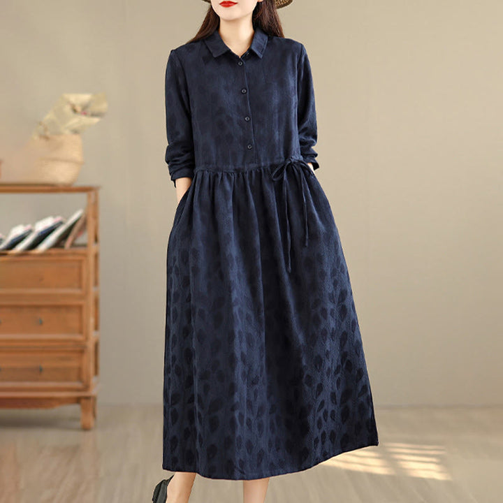 Buddha Stones Leaf Pattern Lapel Long Sleeve Cotton Midi Dress With Pockets - image 11
