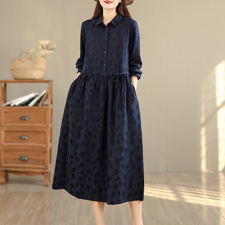 Buddha Stones Leaf Pattern Lapel Long Sleeve Cotton Midi Dress With Pockets - image 12