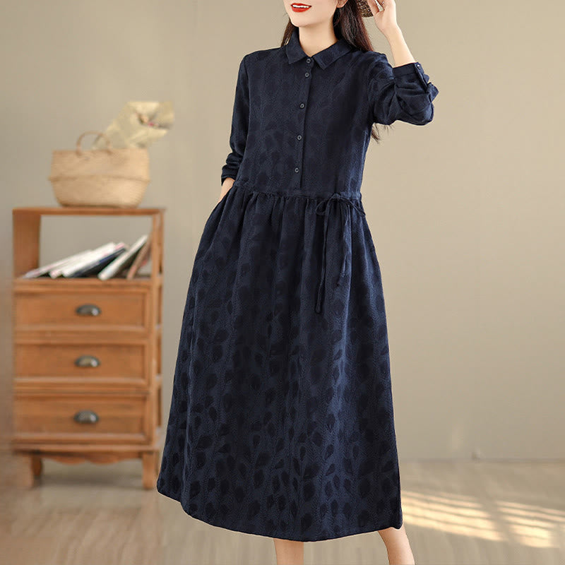 Buddha Stones Leaf Pattern Lapel Long Sleeve Cotton Midi Dress With Pockets - image 13