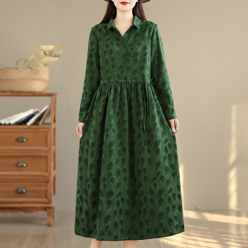 Buddha Stones Leaf Pattern Lapel Long Sleeve Cotton Midi Dress With Pockets - image 3