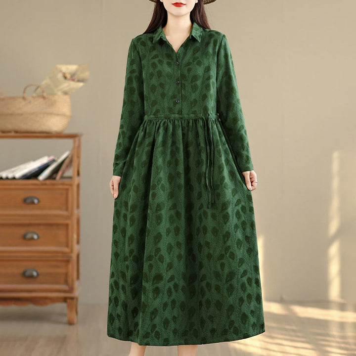 Buddha Stones Leaf Pattern Lapel Long Sleeve Cotton Midi Dress With Pockets - image 3