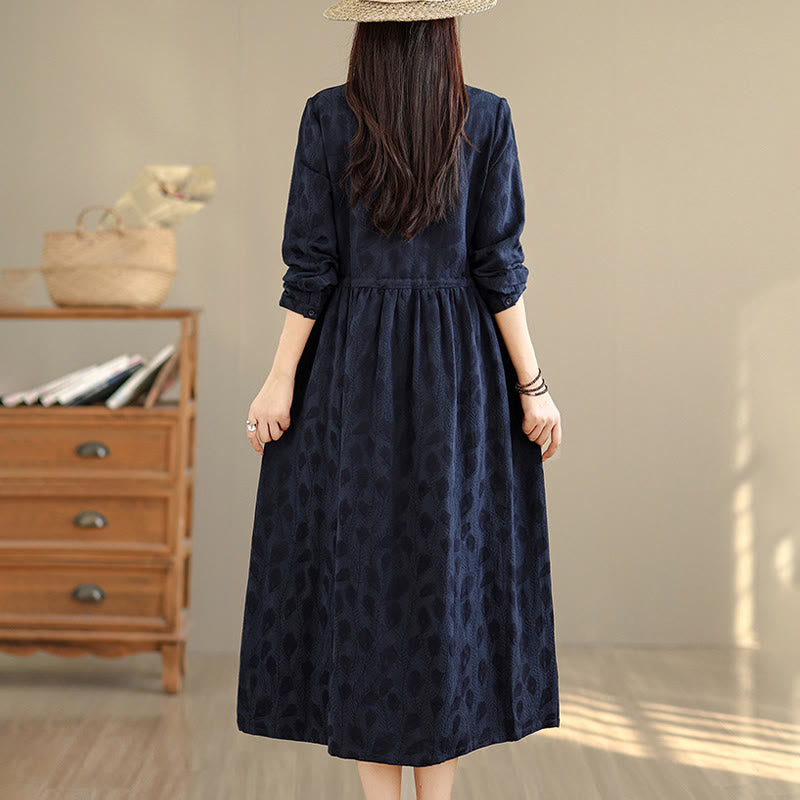 Buddha Stones Leaf Pattern Lapel Long Sleeve Cotton Midi Dress With Pockets - image 14