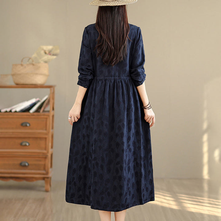 Buddha Stones Leaf Pattern Lapel Long Sleeve Cotton Midi Dress With Pockets - image 14