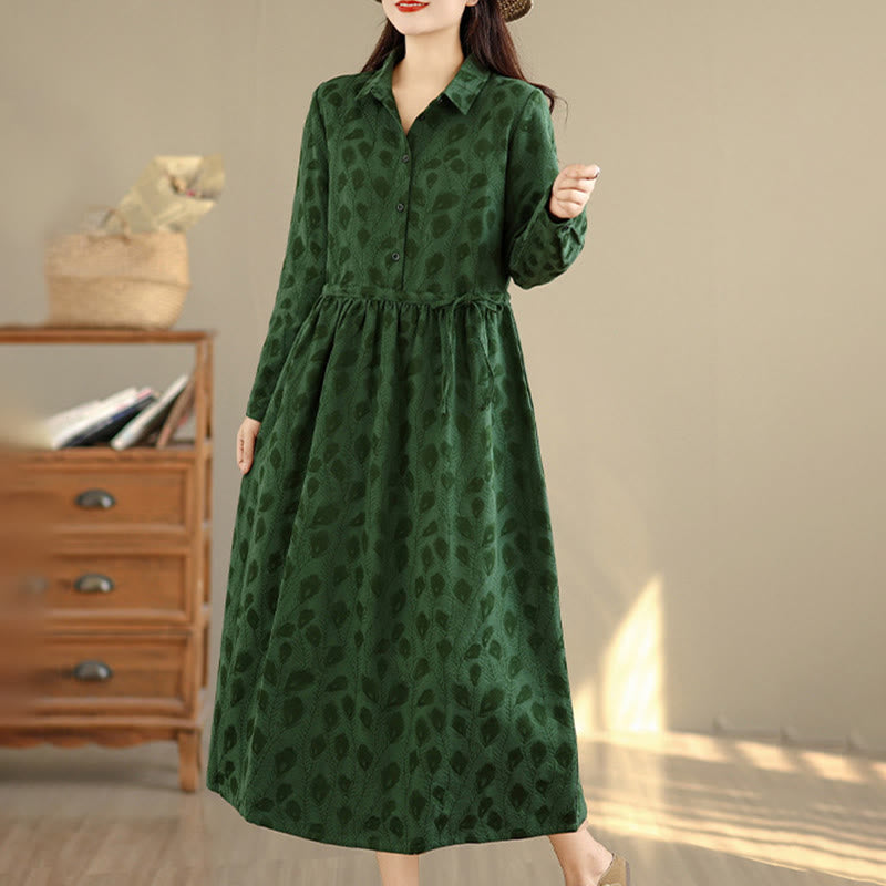Buddha Stones Leaf Pattern Lapel Long Sleeve Cotton Midi Dress With Pockets - image 4