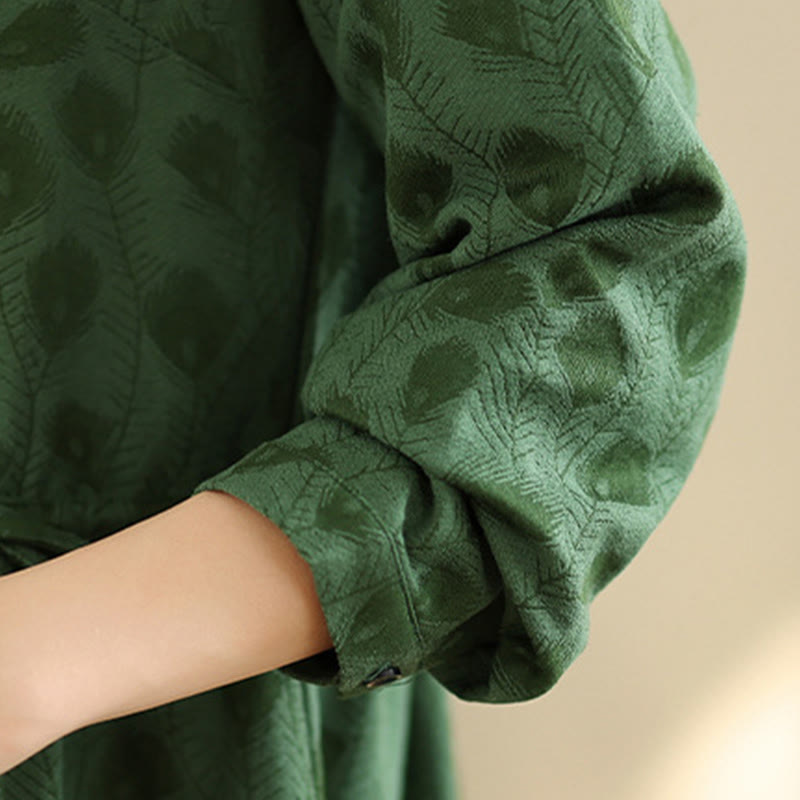 Buddha Stones Leaf Pattern Lapel Long Sleeve Cotton Midi Dress With Pockets - image 6