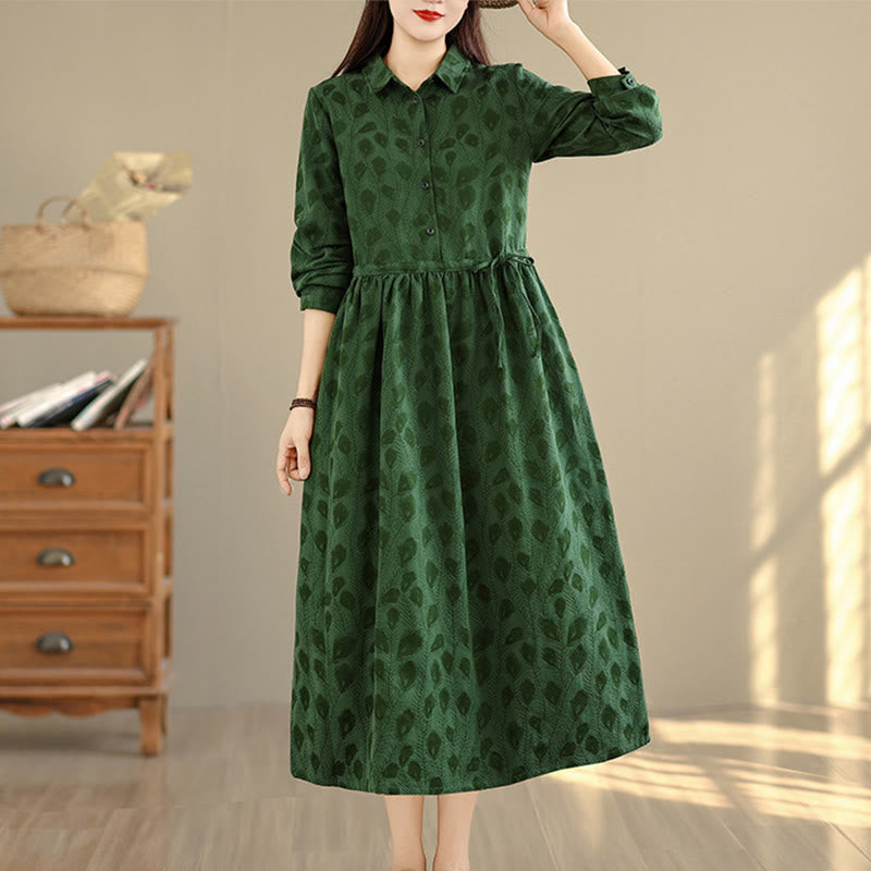Buddha Stones Leaf Pattern Lapel Long Sleeve Cotton Midi Dress With Pockets - DarkGreen - US8-10，UK/AU12-14，EU40-42 (2XL) - image 0