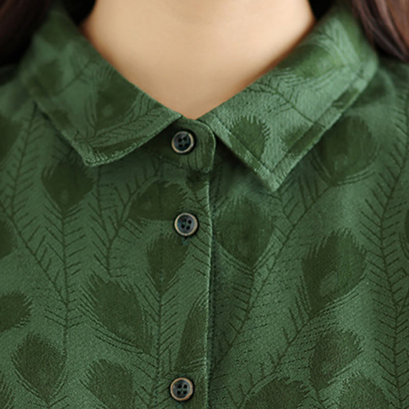 Buddha Stones Leaf Pattern Lapel Long Sleeve Cotton Midi Dress With Pockets - image 5
