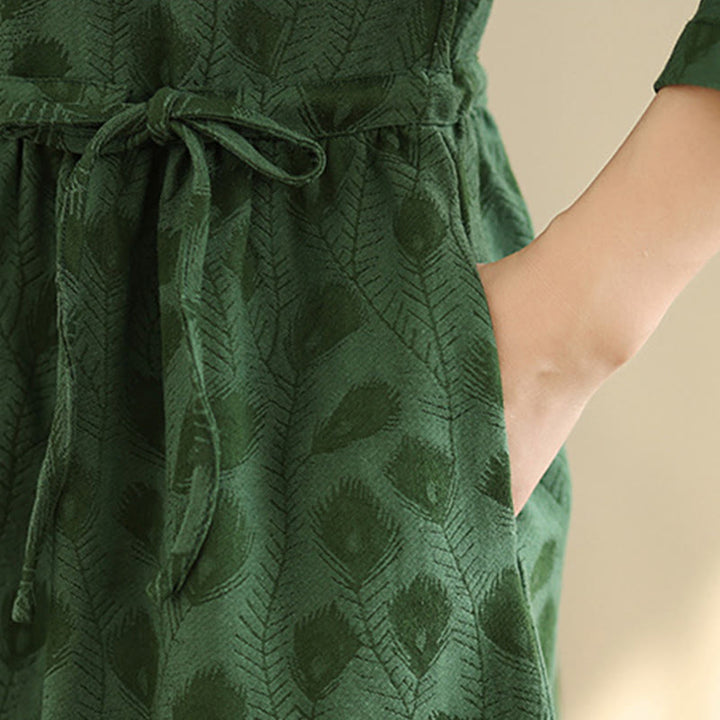 Buddha Stones Leaf Pattern Lapel Long Sleeve Cotton Midi Dress With Pockets - image 8