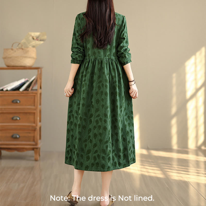 Buddha Stones Leaf Pattern Lapel Long Sleeve Cotton Midi Dress With Pockets - image 1