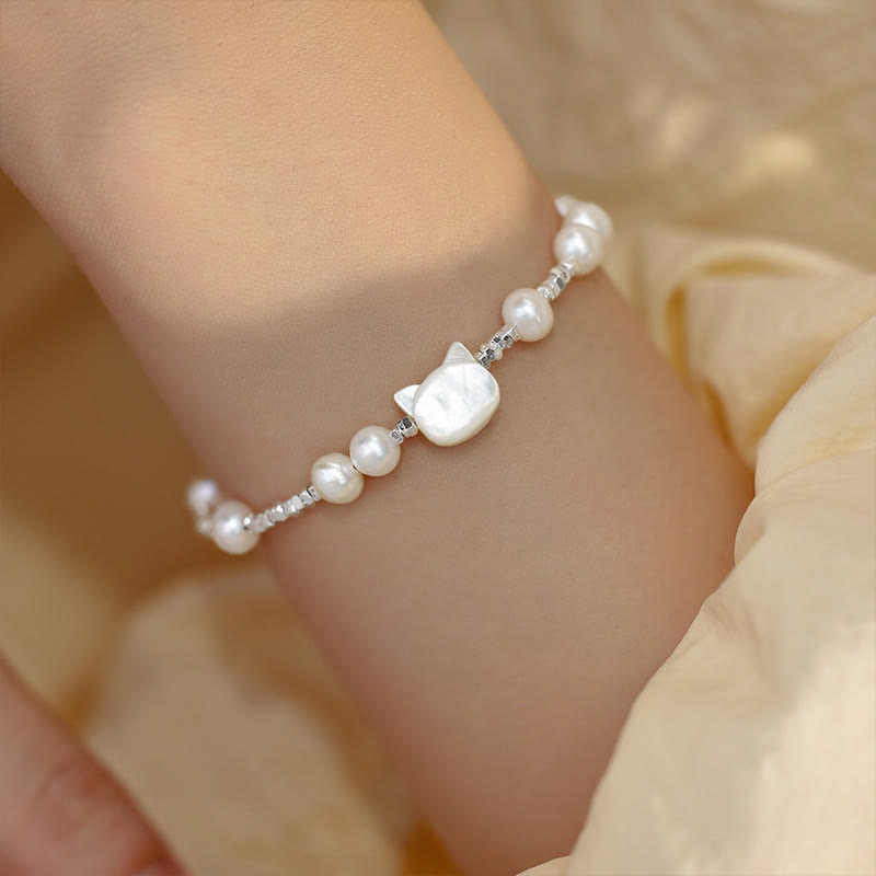 Buddha Stones Pearl Cat Head Tridacna Stone Silver Healing Bracelet - Pearl(Wrist Circumference 14-16cm) - image 0