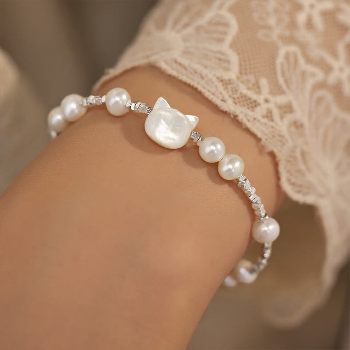 Buddha Stones Pearl Cat Head Tridacna Stone Silver Healing Bracelet - image 2
