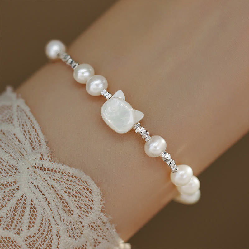 Buddha Stones Pearl Cat Head Tridacna Stone Silver Healing Bracelet - image 1