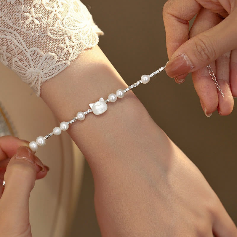 Buddha Stones Pearl Cat Head Tridacna Stone Silver Healing Bracelet - image 3