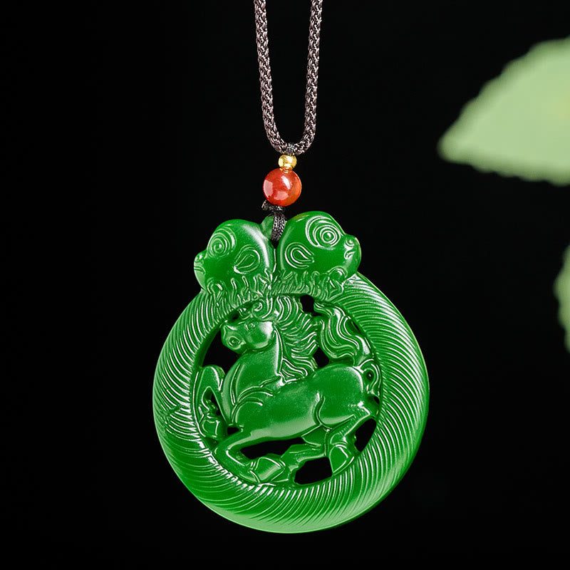 Buddha Stones Year Of The Horse Jade Prosperity Hollow Necklace Pendants - image 1