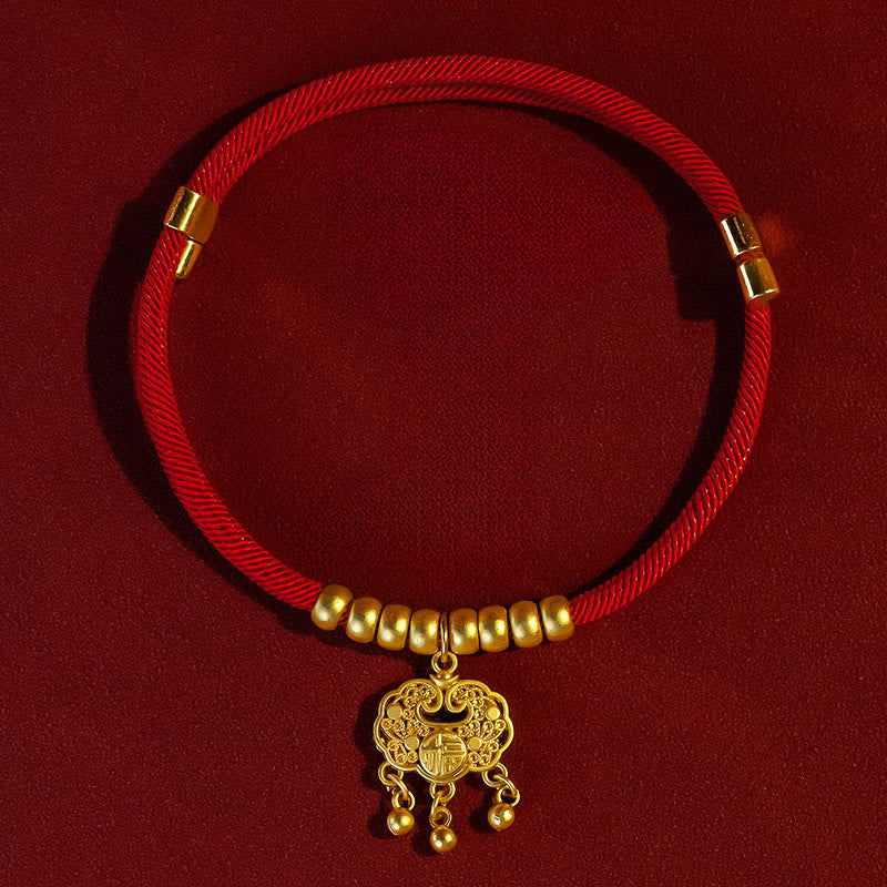 Buddha Stones Red String Peach Wood Bead Protection Adjustable Cats Small Dogs Pet Collar - Longevity Lock Pendant - 25-50cm - image 6