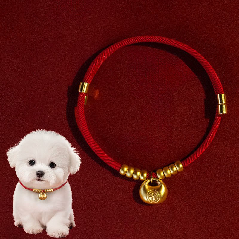 Buddha Stones Red String Peach Wood Bead Protection Adjustable Cats Small Dogs Pet Collar - Ingot Shaped Pendant - 25-50cm - image 0