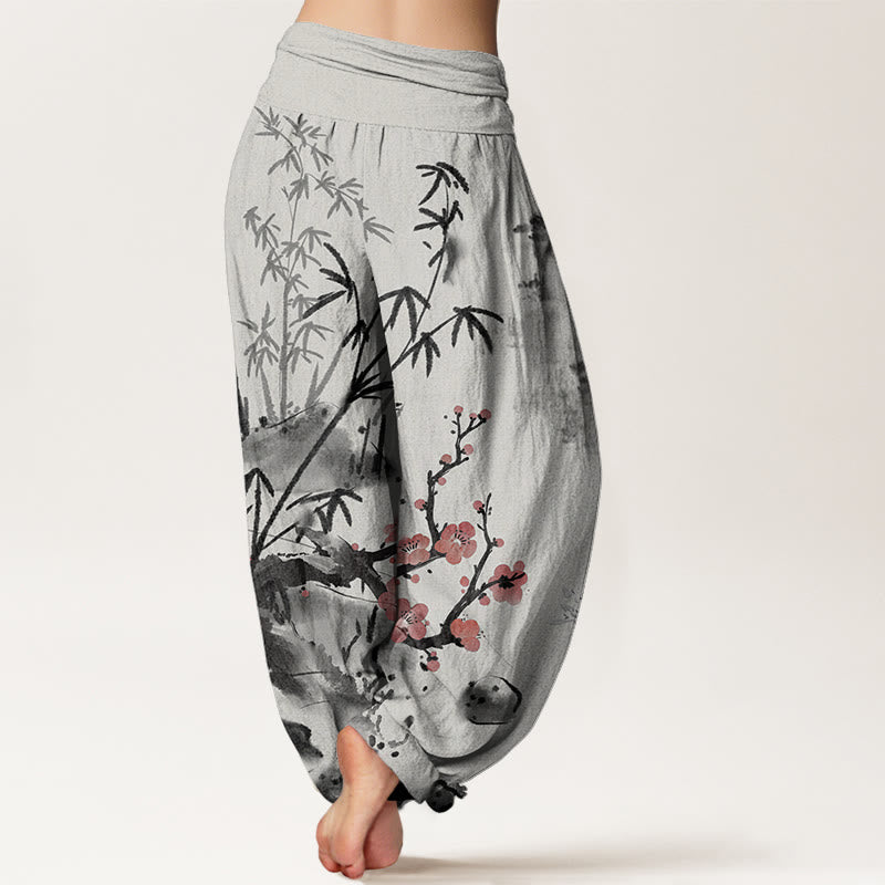 Buddha Stones Cotton Plum Blossoms Bamboo Orchids Chrysanthemums Pattern Women's Elastic Waist Harem Pants - image 1