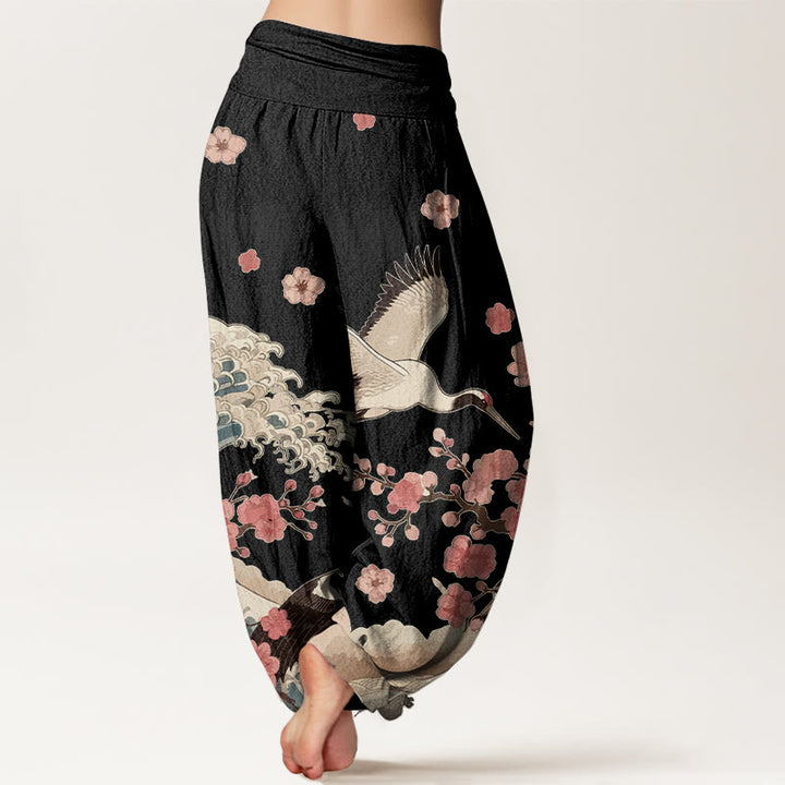 Buddha Stones Pure Cotton Cranes Peach Blossoms Ocean Women's Elastic Waist Harem Pants - image 6