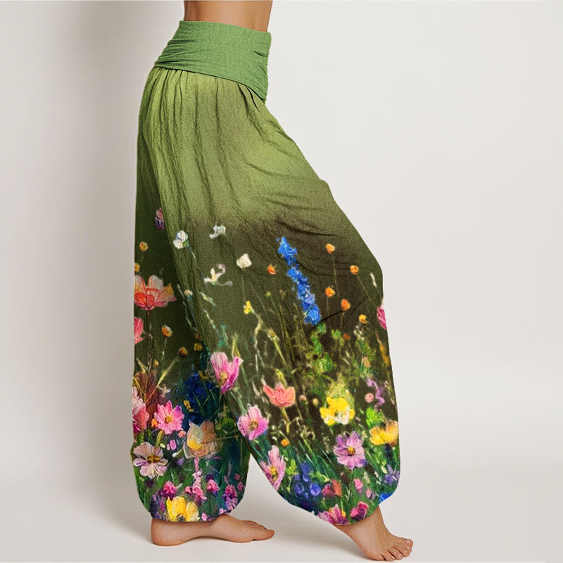Buddha Stones Cotton Casual Watercolor Style Floral Pattern Women's Elastic Waist Harem Pants - image 6