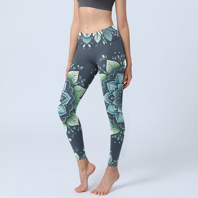 Buddha Stones Symmetrical Om Symbol Flower Pattern Print Gym Leggings Women's Yoga Pants - Teal - US18，UK/AU22，EU50 (4XL) - image 0