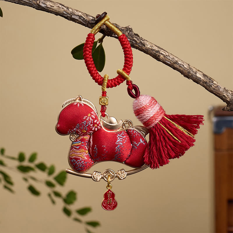 Buddha Stones Multicolored Year Of The Horse Gourd Ingot Design Freedom Prosperity Key Chain - Red Horse 12*3mm - image 0