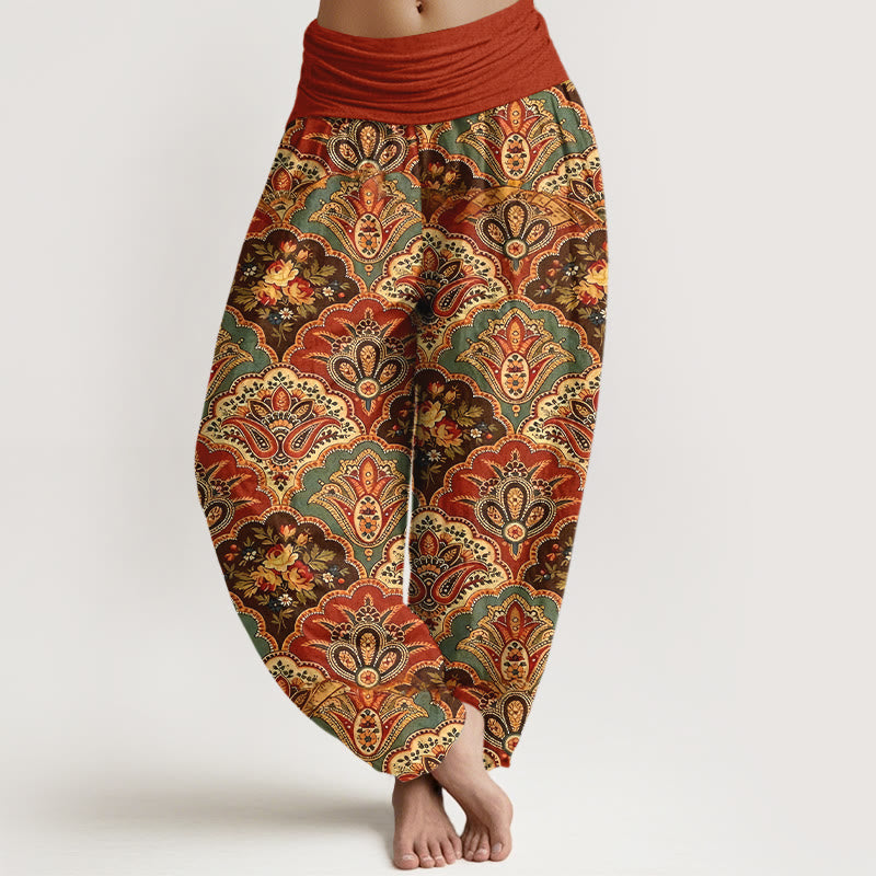 Buddha Stones Cotton Repetitive Fan Shape Flowers Leaves Pattern Women's Elastic Waist Harem Pants - FireBrick - US16，UK/AU20，EU48 (3XL) - image 8