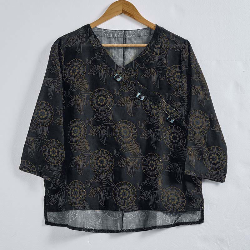 Buddha Stones Spring V-Neck Printed Floral Pattern Women's Long Sleeve Shirt - image 12