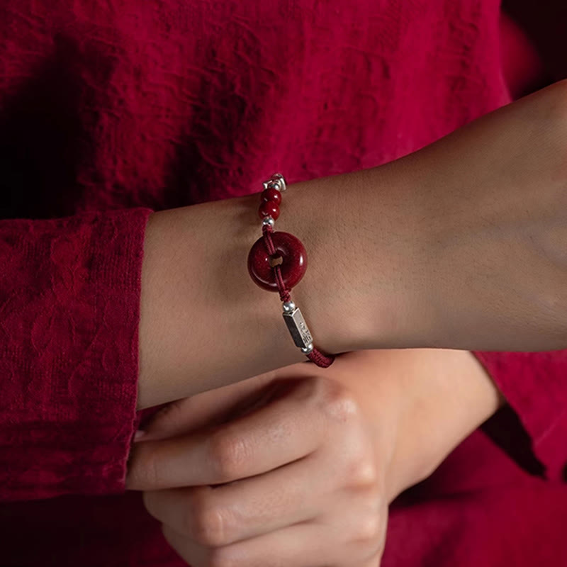 Buddha Stones 925 Sterling Silver Cinnabar Peace Buckle Connection Braid String Bracelet - image 5