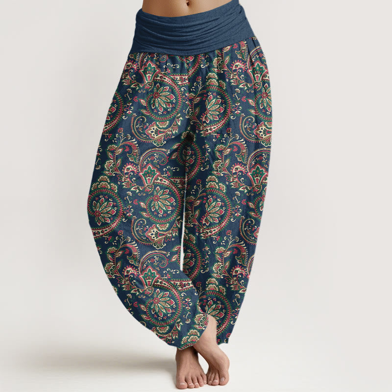 Buddha Stones Cotton Retro Complex Flowers Leaves Vine Pattern Women's Elastic Waist Harem Pants - Navy - US16，UK/AU20，EU48 (3XL) - image 8