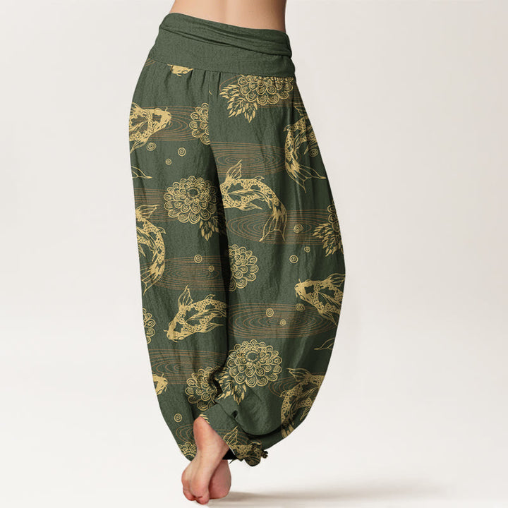 Buddha Stones Cotton Exquisite Koi Fish Flowers Leaves Curve Pattern Women's Elastic Waist Harem Pants - image 6