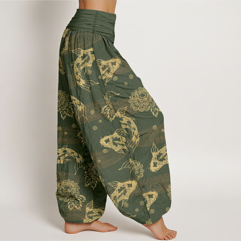Buddha Stones Cotton Exquisite Koi Fish Flowers Leaves Curve Pattern Women's Elastic Waist Harem Pants - image 7