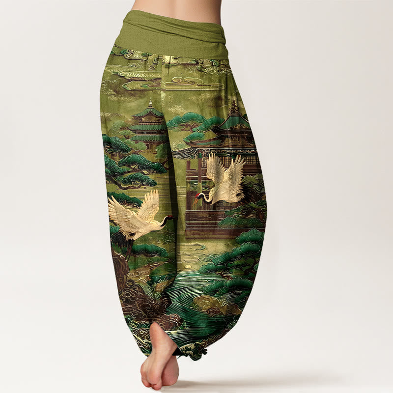 Buddha Stones Cotton Exquisite Crane Architecture Pine Tree Cloud Pattern Women's Elastic Waist Harem Pants - image 6