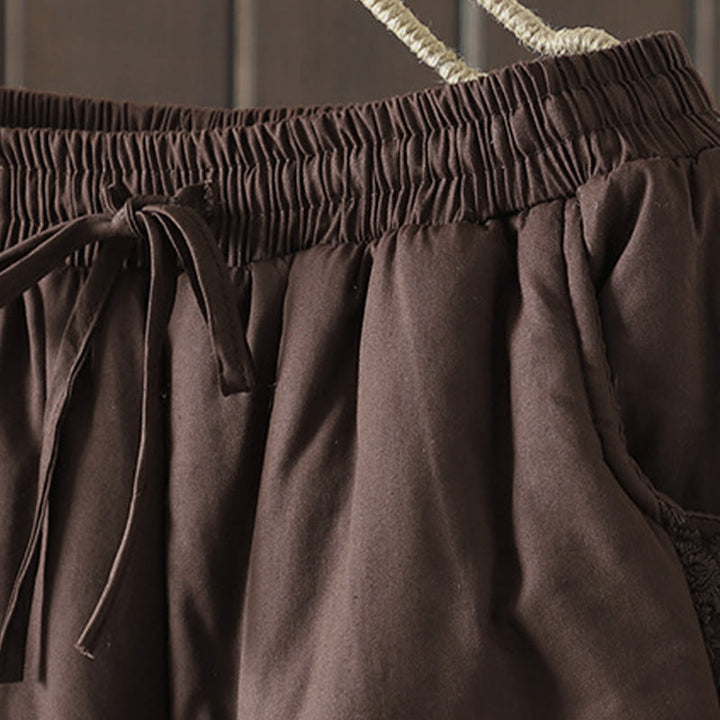 Buddha Stones Flower Pattern Cotton Polyester Embroidery Thick Women's Pants With Pockets - image 3