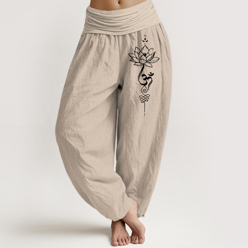Buddha Stones Pure Cotton Minimalist Style Lotus Om Symbol Pattern Women's Elastic Waist Harem Pants - Tan - US16，UK/AU20，EU48 (3XL) - image 11