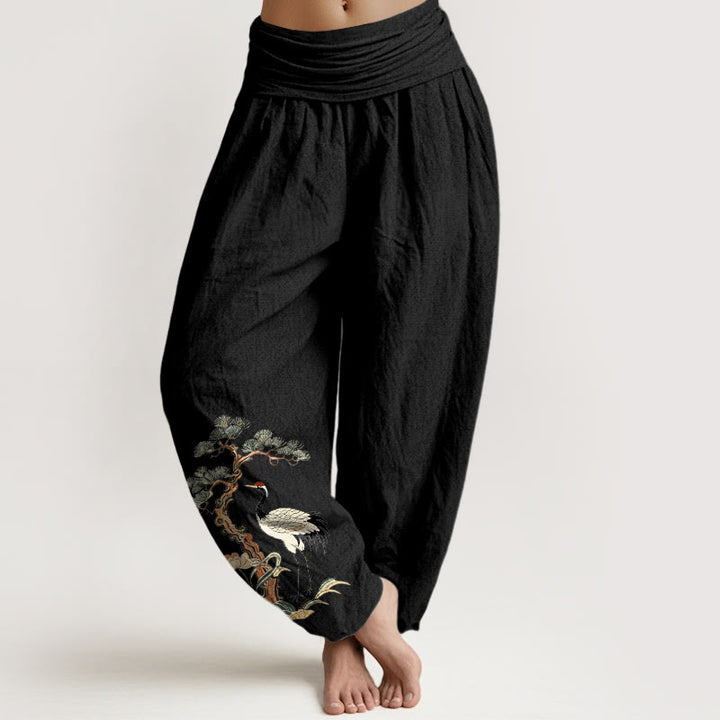 Buddha Stones Pure Cotton Crane Pine Tree Flower Grass Pattern Women's Elastic Waist Harem Pants - Black - US16，UK/AU20，EU48 (3XL) - image 5