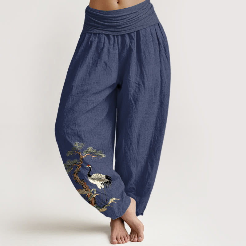 Buddha Stones Pure Cotton Crane Pine Tree Flower Grass Pattern Women's Elastic Waist Harem Pants - DarkSlateBlue - US16，UK/AU20，EU48 (3XL) - image 8