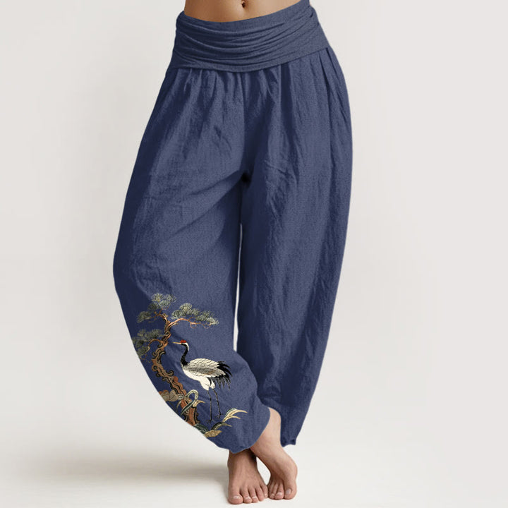 Buddha Stones Pure Cotton Crane Pine Tree Flower Grass Pattern Women's Elastic Waist Harem Pants - DarkSlateBlue - US16，UK/AU20，EU48 (3XL) - image 8