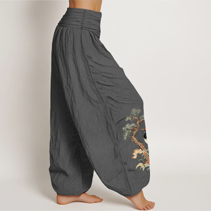 Buddha Stones Pure Cotton Crane Pine Tree Flower Grass Pattern Women's Elastic Waist Harem Pants - image 13
