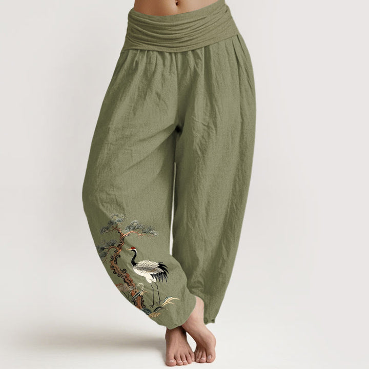 Buddha Stones Pure Cotton Crane Pine Tree Flower Grass Pattern Women's Elastic Waist Harem Pants - OliveDrab - US16，UK/AU20，EU48 (3XL) - image 14