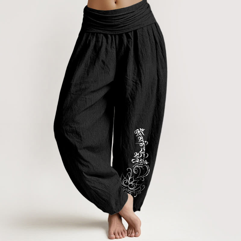 Buddha Stones Pure Cotton Simple Om Mani Padme Hum Lotus Pattern Women's Elastic Waist Harem Pants - Black - US16，UK/AU20，EU48 (3XL) - image 0